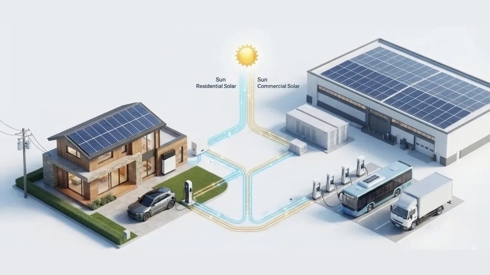 Crown Solar clean-energy ecosystem — residential and commercial solar, home and industrial batteries, and EV fleet charging