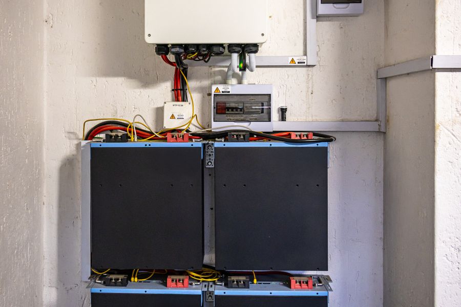 Home solar battery storage unit installed on a wall
