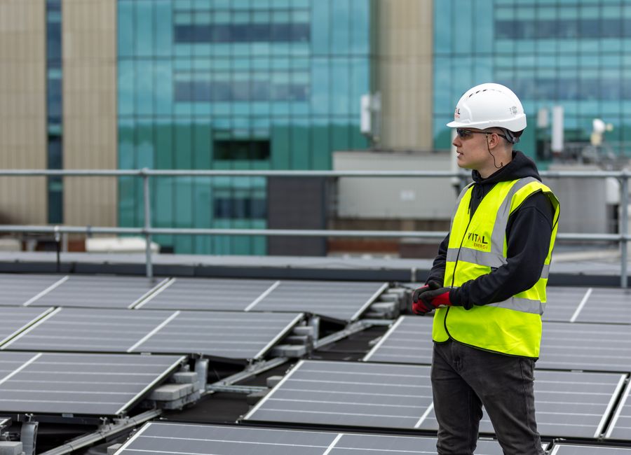 Large commercial solar installation on a warehouse rooftop